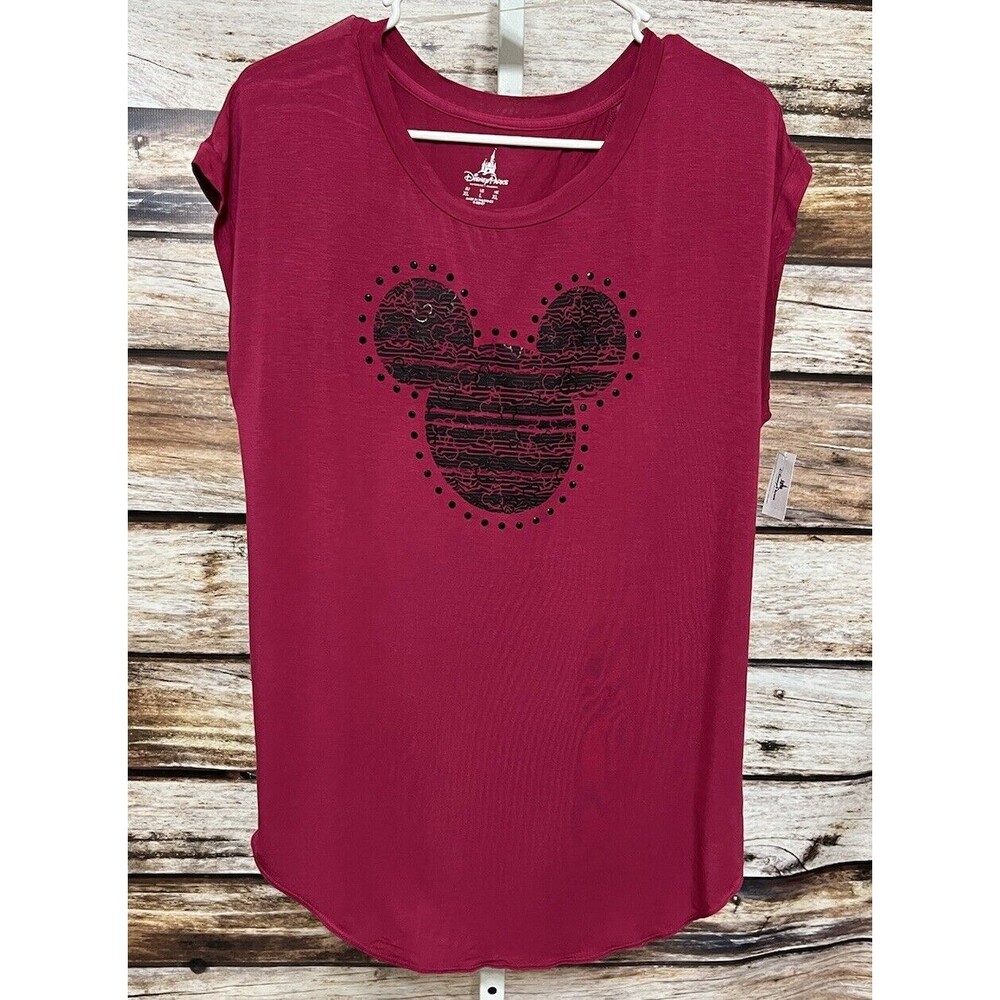 Disney Parks Women's Lg T-Shirt Mickey Mouse Studded Short Sleeve Pink Black New
